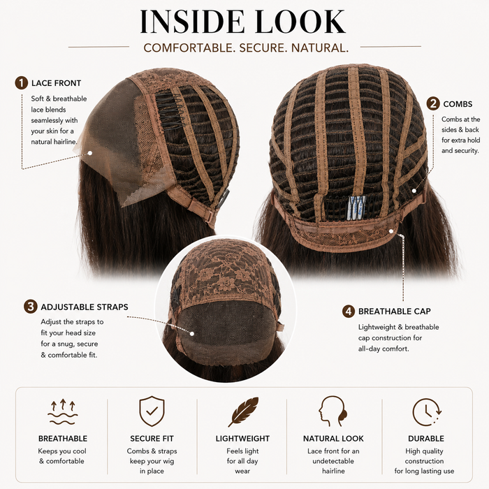 Nioumee Long NC4 Brazilian 100% Human Hair Lace Front Wig 45cm (18") | Natural #2 Medium Brown | Pre-Plucked Hairline