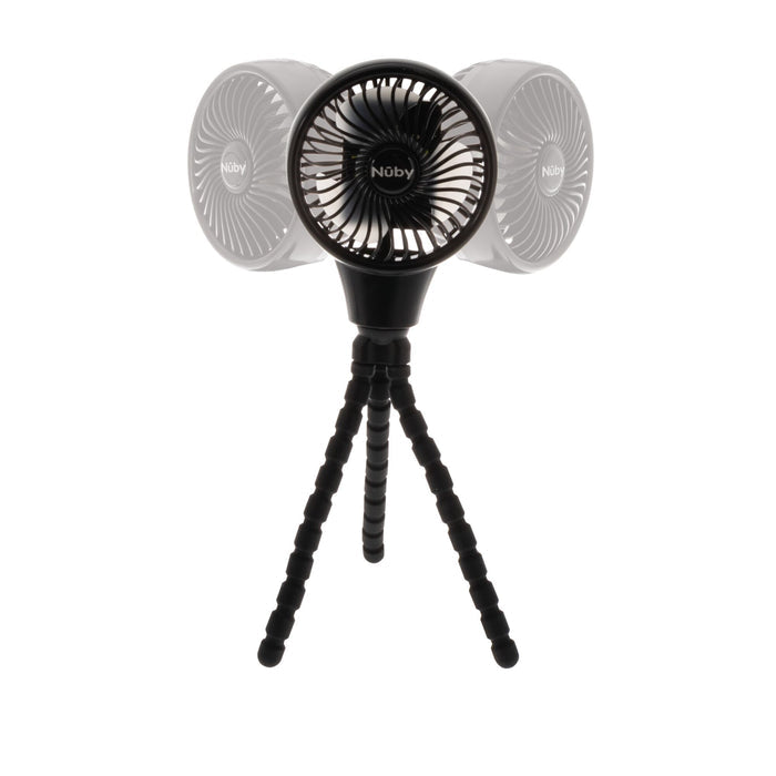 The Oscillating Stroller Fan | Black features flexible tripod legs for upright use and an adjustable head that pivots left and right. The USB-C rechargeable Noby brand is displayed at the center of the fan.