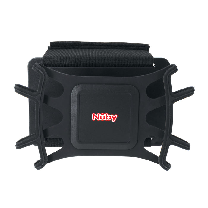 The Nuby Portable Tablet Holder is a black travel accessory with flexible grip arms and an adjustable strap, making it easy to attach tablets to car seats, strollers, or headrests for on-the-go convenience.