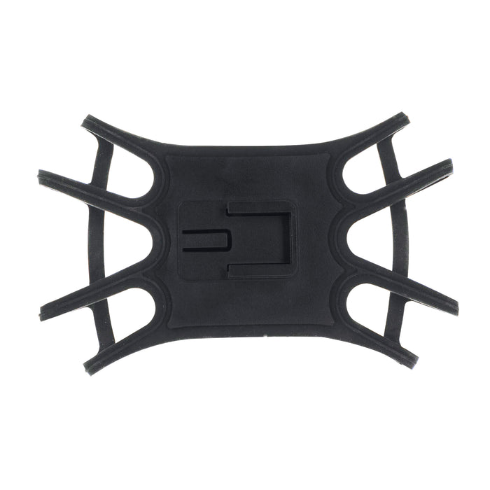 The Nuby Portable Tablet Holder is a black flexible rubber mount with eight curved arms and a rectangular center, designed for secure tablet holding as a car headrest travel accessory. Shown against a white background.