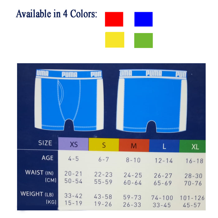 Puma Boy's Boxer Brief-Colors: Red/Blue/Yellow/Green- Pack of 4