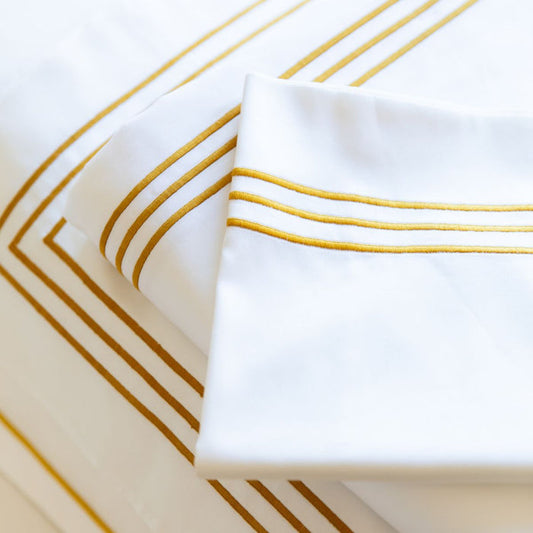 Detail view of Plaza Hotel queen gold 3-cord luxury bedding set