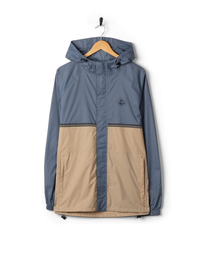 Rainer Tribal Mens Waterproof Packable Rain Jacket in Blue/Beige