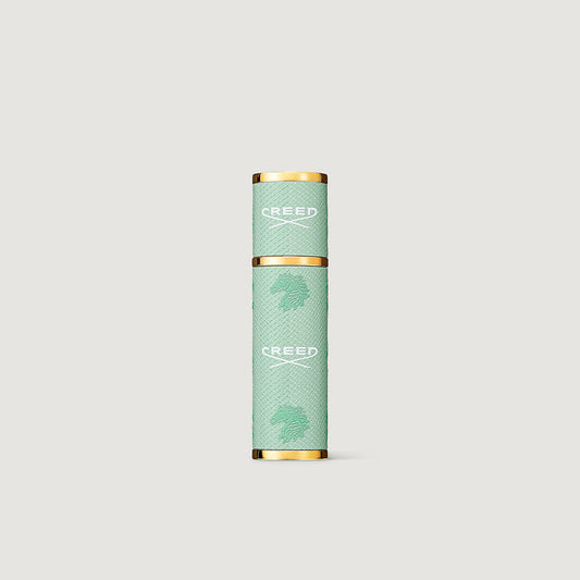 Celadon Green Leather Creed Refillable 5ml Travel Perfume Atomizer with Gold Trim - Front View | Creed Boutique