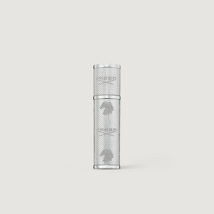 Creed silver engraved 5ml refillable travel perfume atomizer, front view | Creed Boutique