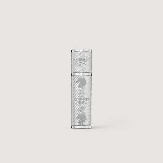 Creed silver engraved 5ml refillable travel perfume atomizer, front view | Creed Boutique