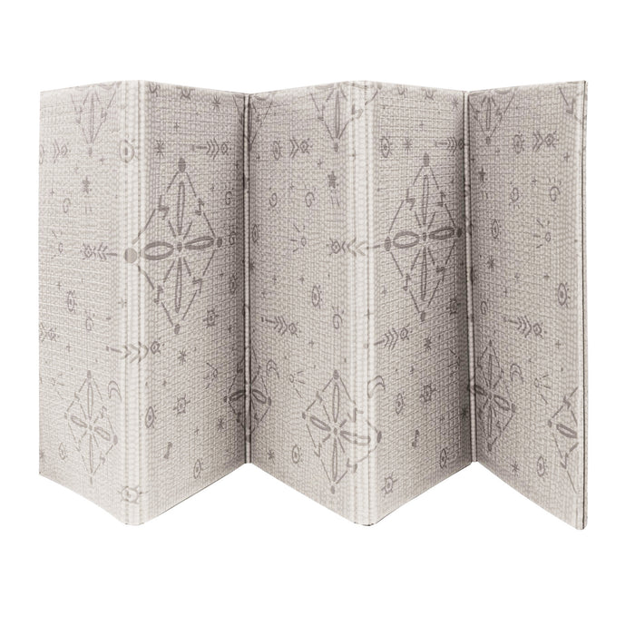 The Nuby US Reversible Floor Mat | Graceful Grey is a light gray, foldable mat with geometric patterns and arrows in a zigzag design. It’s portable, reversible, easy to wipe clean, and perfect for any room.