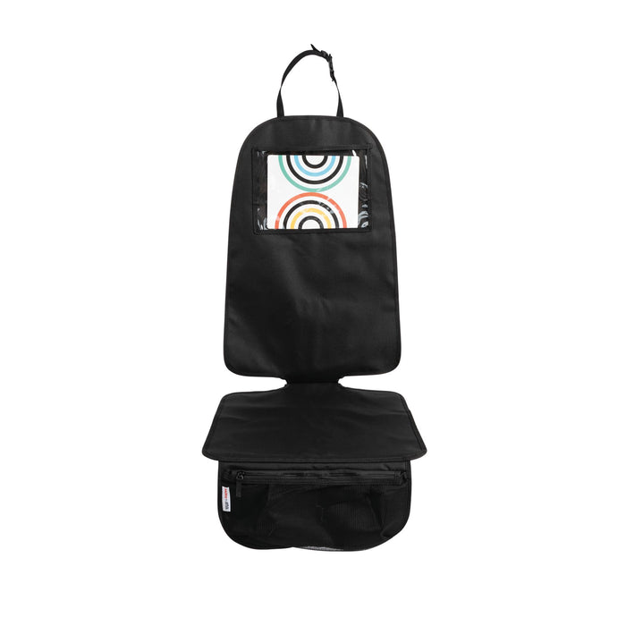The Nuby Safe in the Seat Car Seat Protector features a black design with a transparent pocket showing a colorful rainbow pattern, multiple storage compartments, and an adjustable strap to fit both rear and forward-facing car seats.