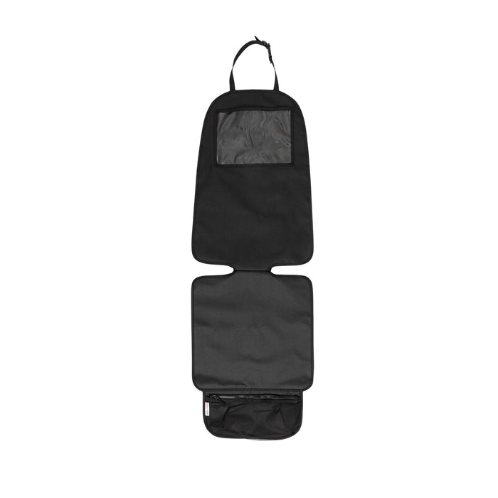 The Nuby Safe in the Seat Car Seat Protector is a black organizer with a top hanging strap, transparent top pocket, and extra storage below. It’s compatible with rear- and forward-facing car seats and is displayed flat on a white background.