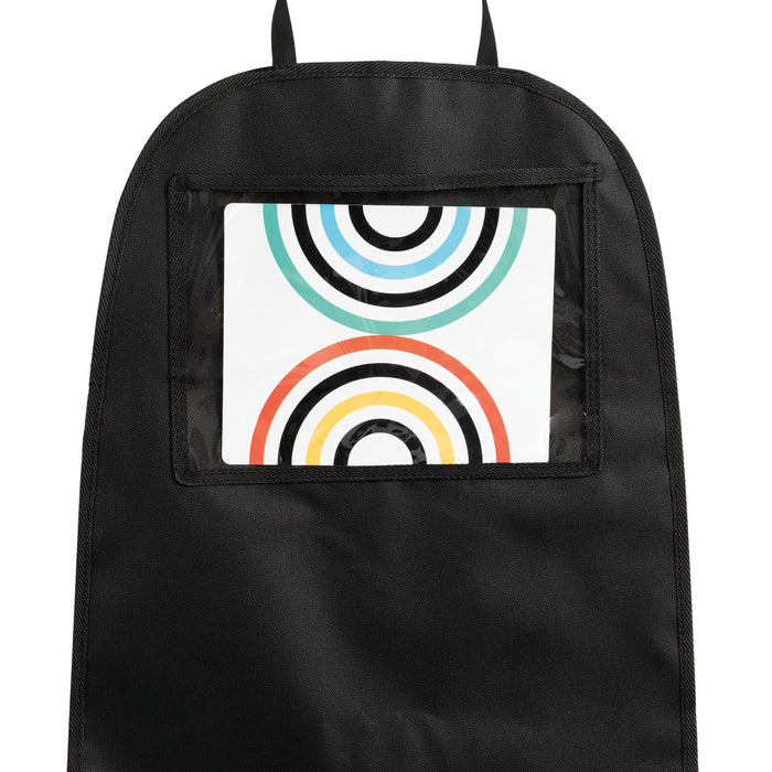 The Nuby Safe in the Seat Car Seat Protector is a black fabric cover featuring a clear pocket and two vibrant concentric circle designs (blue/black and yellow/black)—perfect for rear- and forward-facing car seats.