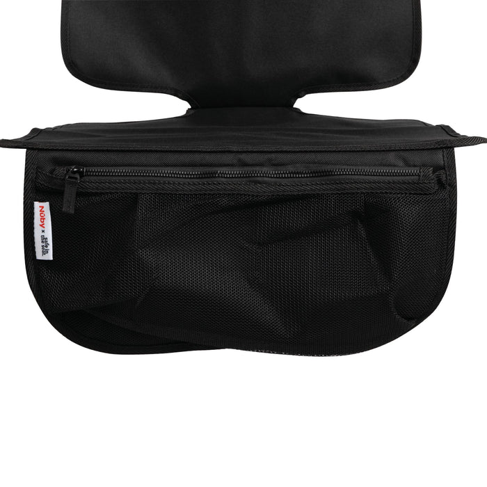 Black fabric pouch with a zipper pocket, mesh front, and partially opened flap reveals the inside compartment. Organize essentials with your Nuby Safe in the Seat Car Seat Protector. ADDY IDEA tag attached to the left side.