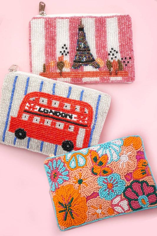 Seed Bead Coin Purse-London Bus Flower Paris