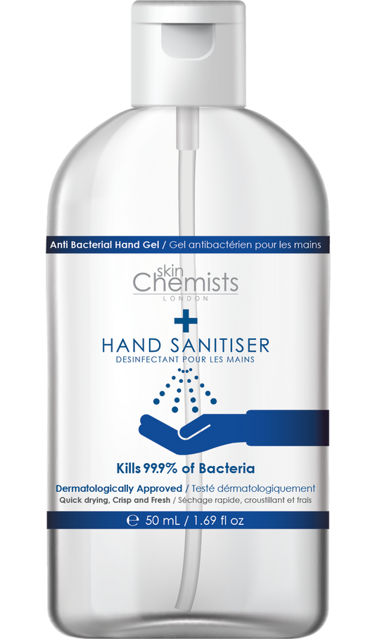 SkinChemists London high-strength hand sanitizer in a 50ml bottle, UK-made, for effective hand hygiene and skin care.