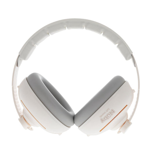 Soft Sounds 2-in-1 Noise Cancelling Earmuffs in white, featuring gray cushioned ear pads, adjustable headband padding, and the Soft Sounds logo on the ear cup. Shown against a white background.