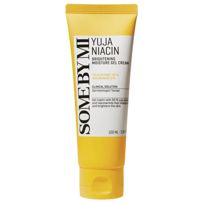 Some By Mi Yuja Niacin Brightening Moisture Gel Cream in a 100ml jar, featuring vibrant yellow packaging and fresh citrus imagery.