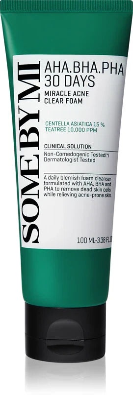 Some By Mi AHA BHA PHA 30 Days Miracle Acne Clear Foam for problem skin, showing the foaming cleanser and product packaging.