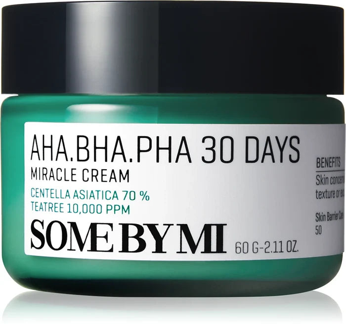Some By Mi AHA BHA PHA 30 Days Miracle Cream, soothing skin care cream with clear jar and product label visible.