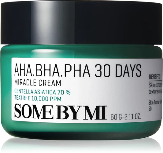 Some By Mi AHA BHA PHA 30 Days Miracle Cream, soothing skin care cream with clear jar and product label visible.