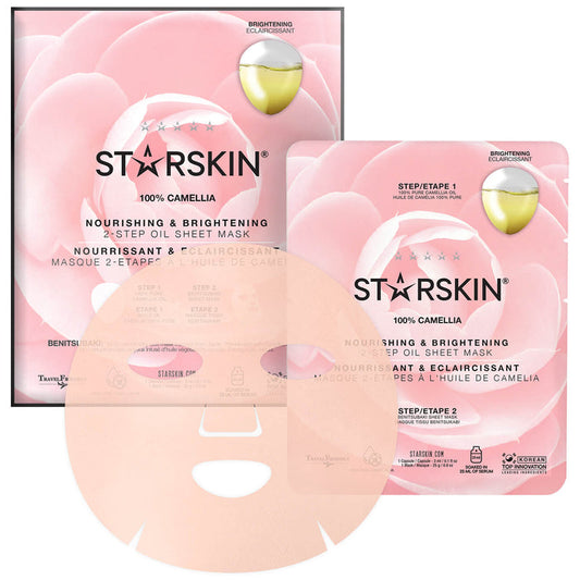 STARSKIN 100% Camellia 2-Step Oil Sheet Mask for nourishing and brightening skin, shown on a skincare product image.
