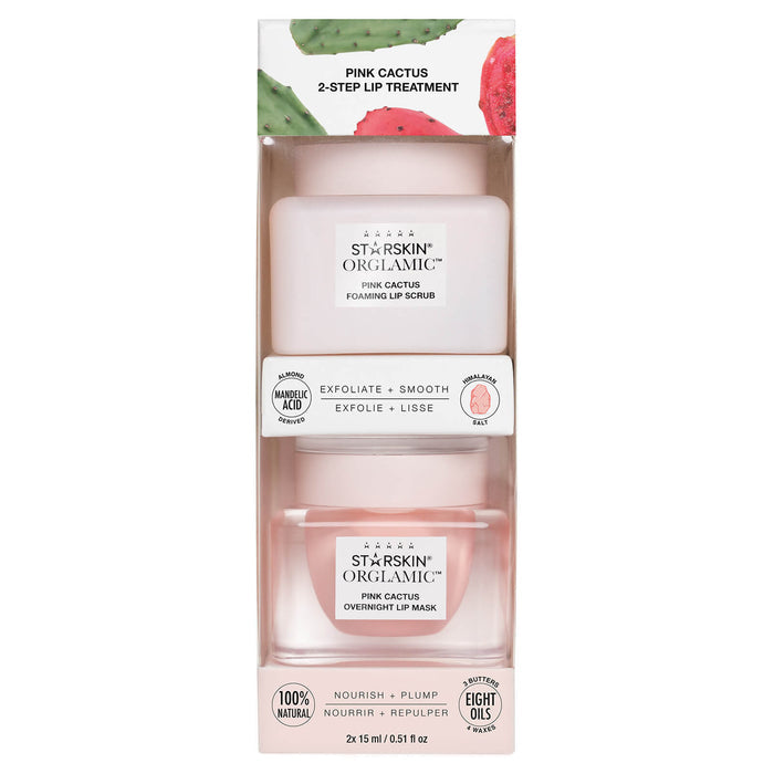 STARSKIN Orglamic Pink Cactus 2-Step Lip Treatment featuring exfoliating scrub and nourishing mask for smooth, hydrated lips.