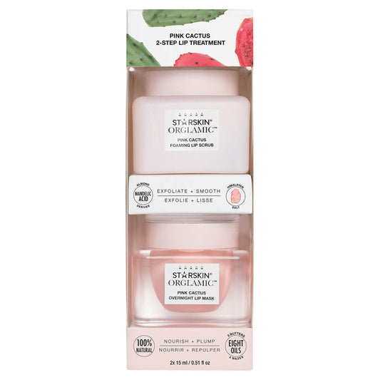 STARSKIN Orglamic Pink Cactus 2-Step Lip Treatment featuring exfoliating scrub and nourishing mask for smooth, hydrated lips.
