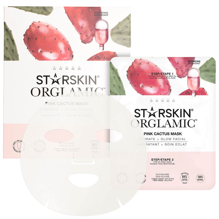 STARSKIN Orglamic Pink Cactus Oil Mask for hydrating and glowing skin, showcasing the pink cactus mask on a skincare setup.