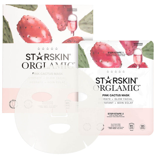 STARSKIN Orglamic Pink Cactus Oil Mask for hydrating and glowing skin, showcasing the pink cactus mask on a skincare setup.
