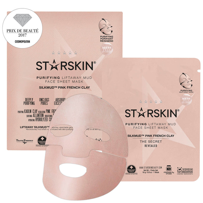 STARSKIN SILKMUD Pink French Clay Purifying Mud Face Sheet Mask for deep cleansing and skin detoxification.