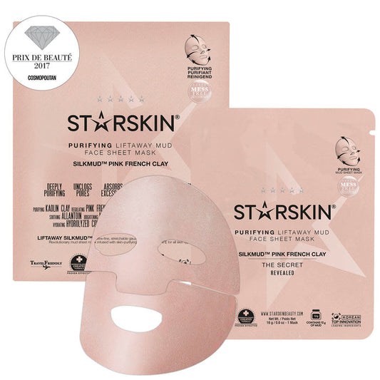 STARSKIN SILKMUD Pink French Clay Purifying Mud Face Sheet Mask for deep cleansing and skin detoxification.
