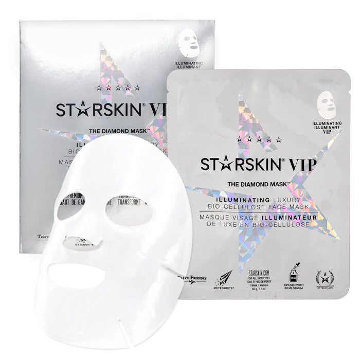 STARSKIN The Diamond Mask VIP illuminating coconut bio-cellulose face mask, showing the mask's luxurious texture and packaging.