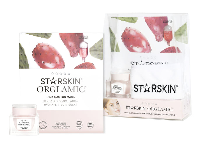 STARTSKIN The Orglamic™ Collection Set featuring skincare masks, pudding, pink cactus mask, and headband for glowing skin.