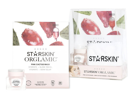 STARTSKIN The Orglamic™ Collection Set featuring skincare masks, pudding, pink cactus mask, and headband for glowing skin.