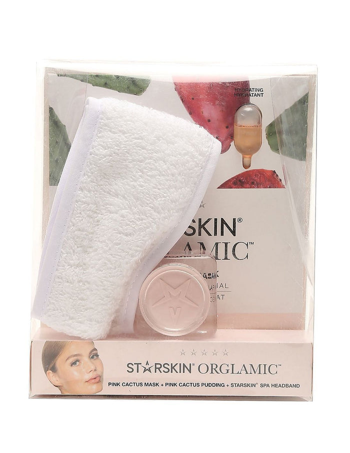 STARTSKIN The Orglamic™ Collection Set featuring Pudding, Pink Cactus Mask, and a headband, all skin care masks and peels.