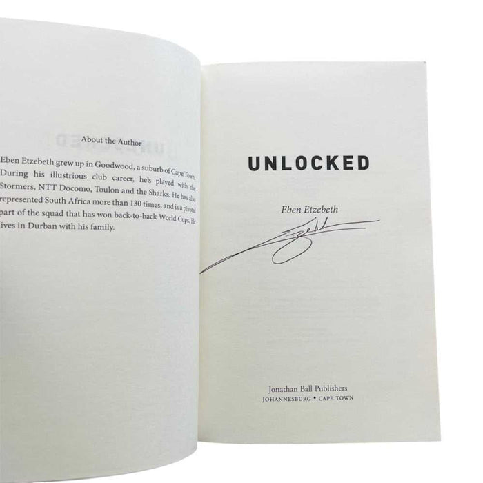 Signed biography of Eben Etzebeth titled Unlocked featuring South African rugby star