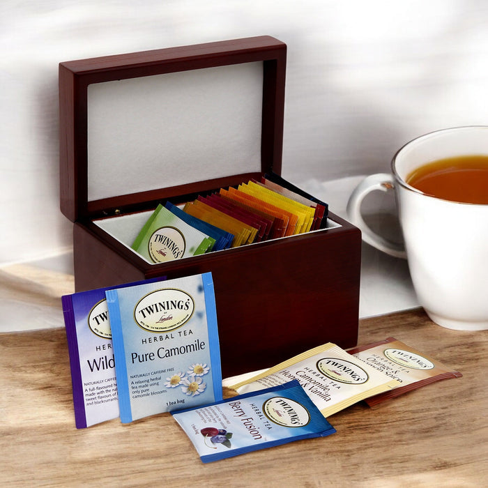 WOOD BOX: Lined Tea Bags Wood Box with printed tile lid - Opera "Gold+White Carrara Marble"